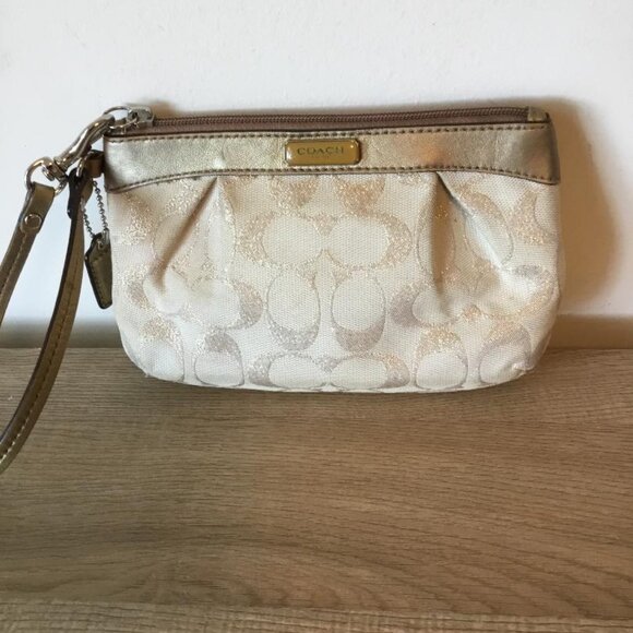 Coach Signature C Gold and Cream Wristlet on Fabric Exterior w/ Leather Trim - Picture 1 of 6
